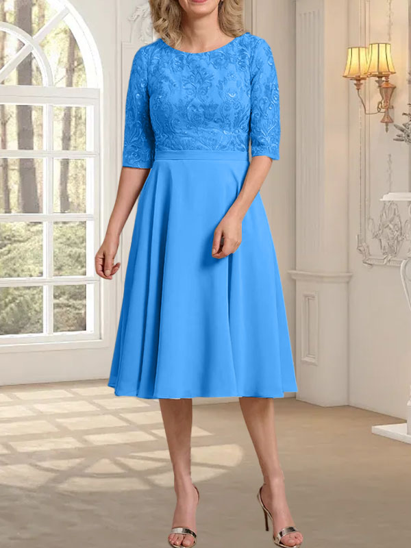 Vestido de gasa con encaje y escote redondo hasta la rodilla para madre de la novia