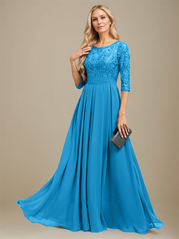Vestido de madre de la novia de gasa con encaje, corte A, largo hasta el suelo y apliques de lentejuelas
