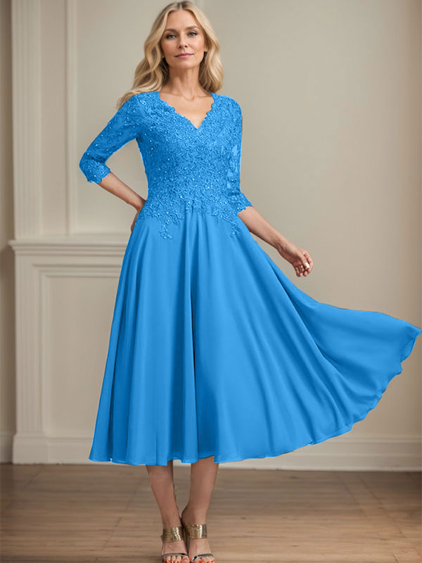 Vestido de gasa con encaje y escote en V para madre de la novia, largo hasta la rodilla, con lentejuelas y abalorios