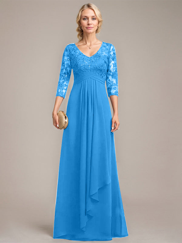 Vestido de madre de la novia de gasa con encaje, escote en V, largo hasta el suelo, con volantes en cascada y lentejuelas