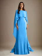 Vestido de gasa para madre de la novia, largo hasta el suelo, con escote barco y corte tubo/columna y volantes en cascada