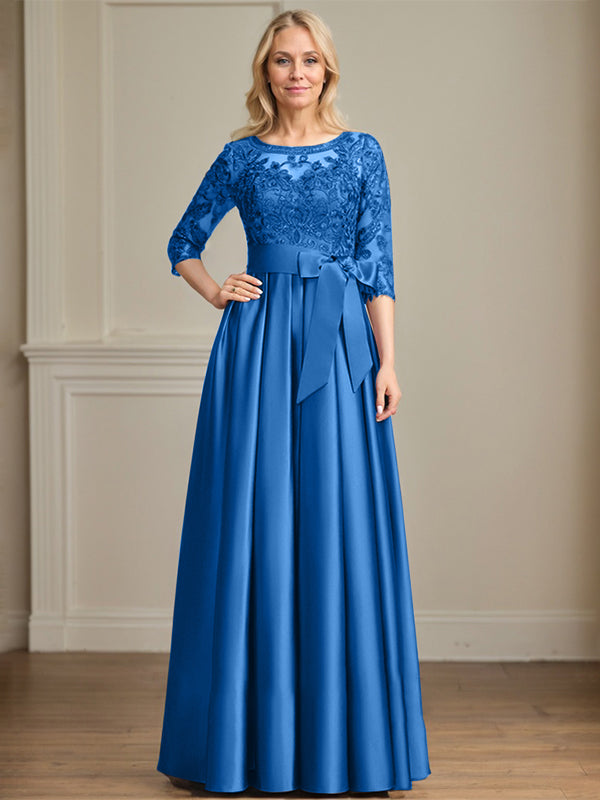 Vestido de madre de la novia de satén con encaje, corte A, escote ilusión, largo hasta el suelo, con lazo de lentejuelas