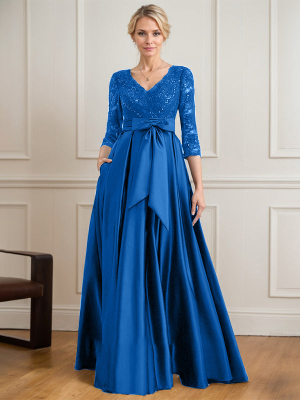 Vestido de madre de la novia de satén con encaje, escote en V y largo hasta el suelo con lazo de lentejuelas
