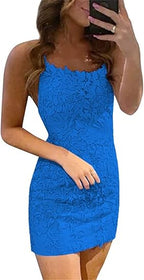 Vestidos de fiesta sin mangas con tirantes finos y encaje azul de columna corta 