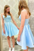 Vestido de fiesta corto con cuentas de satén azul, vestido de bienvenida azul PD450