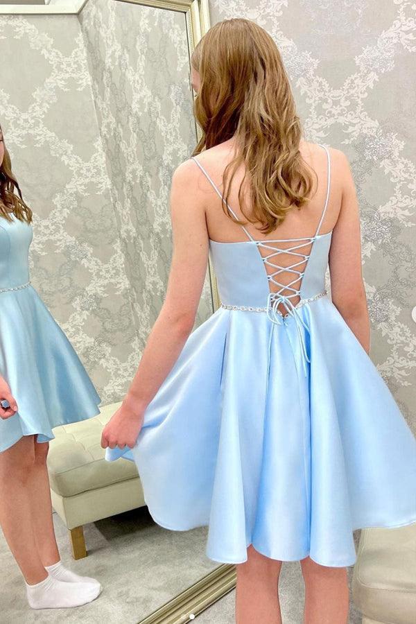 Vestido de fiesta corto con cuentas de satén azul, vestido de bienvenida azul PD450