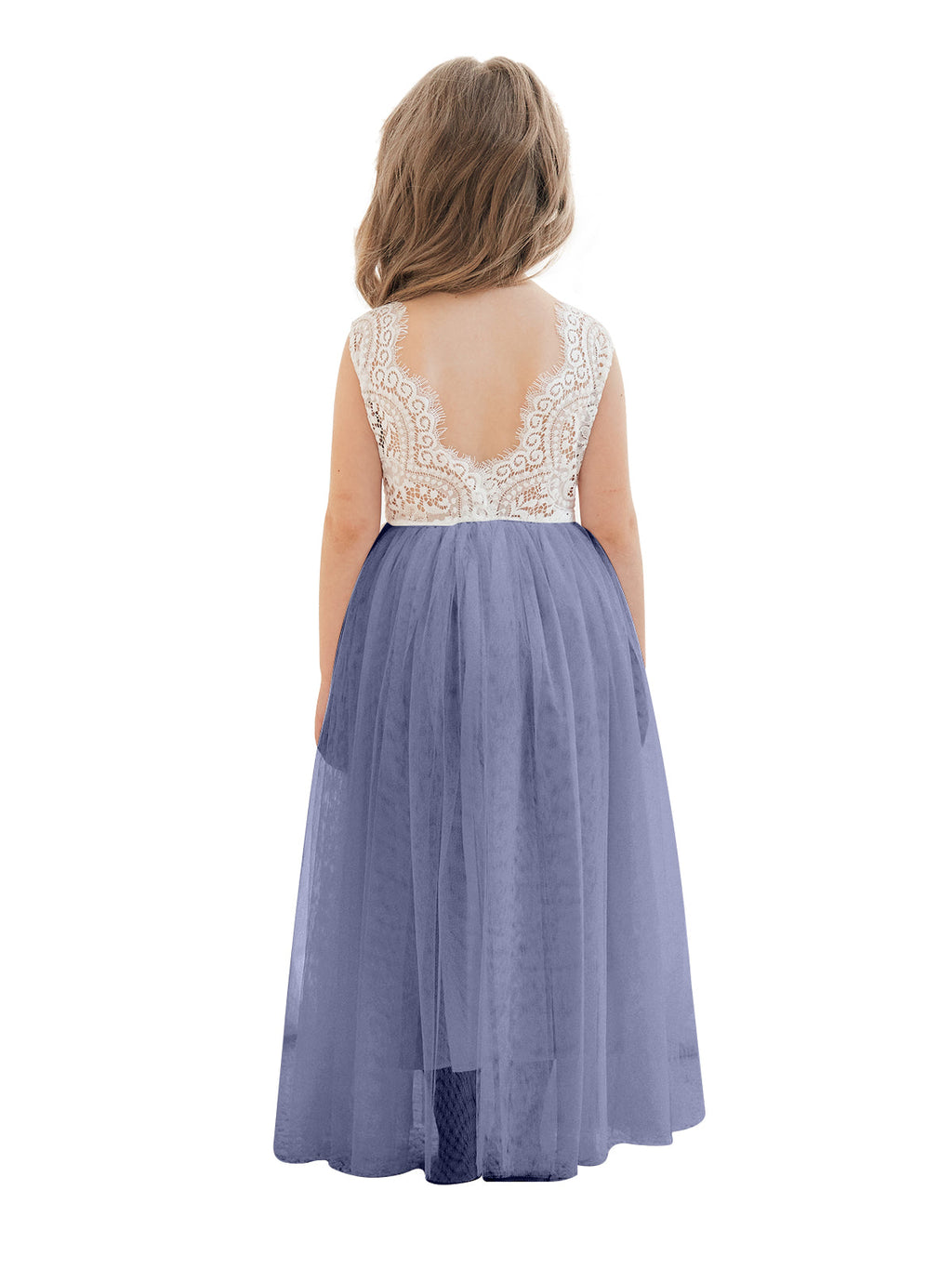 Vestido blanco de tul con encaje y corte en A hasta los tobillos (2003227597)