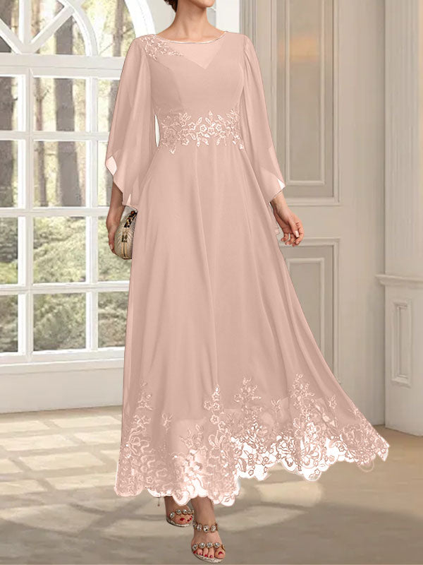 Vestido de gasa con encaje y lentejuelas para madre de la novia, corte A, escote ilusión, largo hasta los tobillos