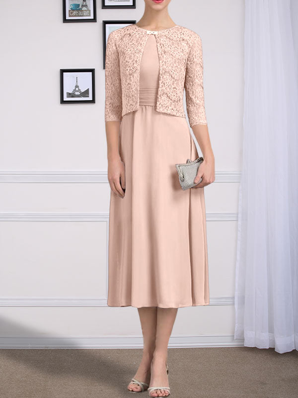 Vestido de gasa para madre de la novia con corte en A, escote redondo y largo hasta la rodilla con pliegues