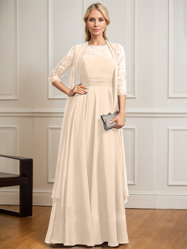 Vestido de gasa de encaje con ilusión de corte A hasta el suelo para madre de la novia con pliegues
