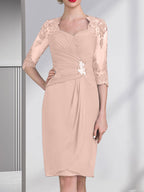 Vestido de gasa para madre de la novia con escote corazón, largo hasta la rodilla, con apliques de cuentas, encaje y lentejuelas plisado.