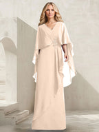 Vestido de gasa para madre de la novia con escote en V, corte A y largo hasta el suelo, con volantes en cascada y cuentas