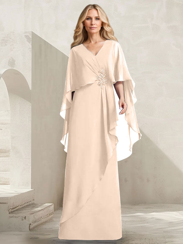 Vestido de gasa para madre de la novia con escote en V, corte A y largo hasta el suelo, con volantes en cascada y cuentas