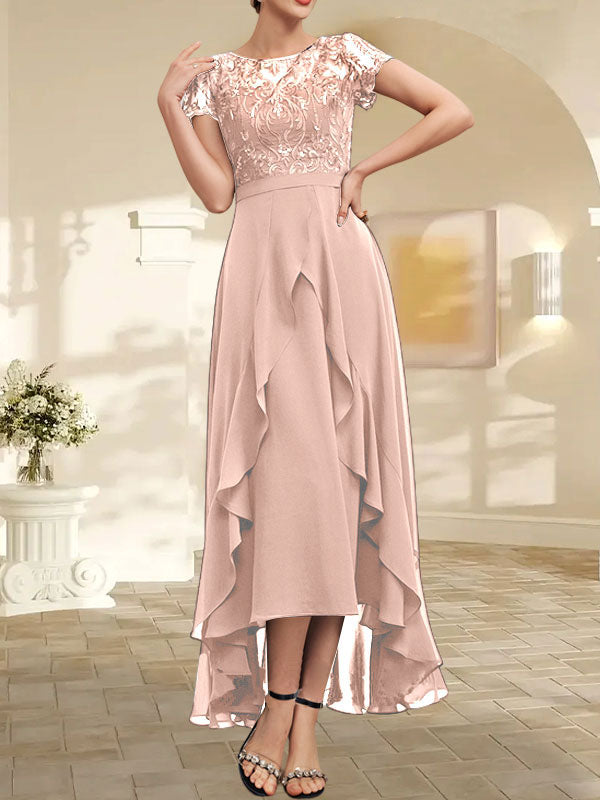 Vestido de madre de la novia de gasa asimétrica con escote en A, ilusión, encaje, lazo, volante y lentejuelas