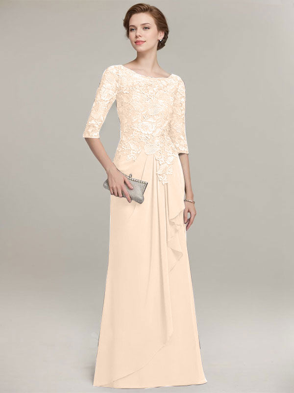 Vestido de gasa con encaje, corte A, escote ilusión, largo hasta el suelo, para madre de la novia con volantes en cascada