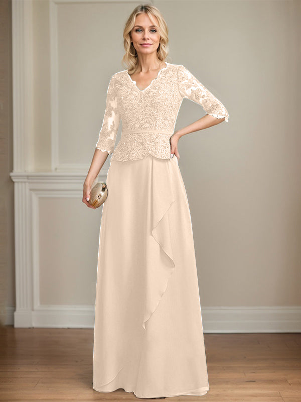 Vestido de madre de la novia de gasa con encaje, escote en V, largo hasta el suelo, con volantes en cascada y lentejuelas
