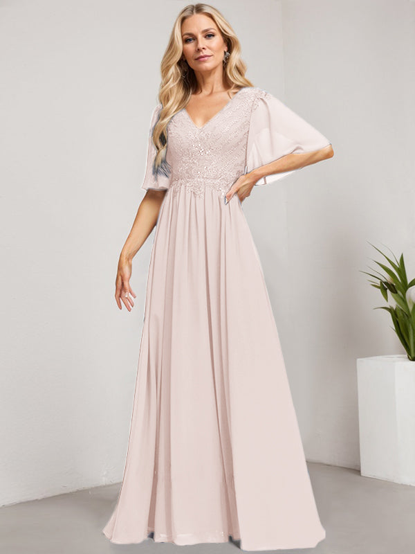 Vestido de madre de la novia de gasa con encaje, escote en V y lentejuelas, largo hasta el suelo