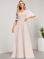 Vestido de madre de la novia de gasa con encaje, escote en V y lentejuelas, largo hasta el suelo