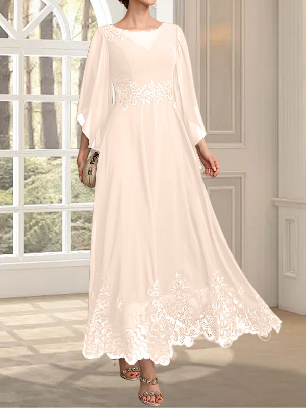 Vestido de gasa con encaje y lentejuelas para madre de la novia, corte A, escote ilusión, largo hasta los tobillos