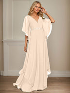 Vestido de gasa para madre de la novia, corte A, escote en V, largo hasta el suelo, con apliques de lentejuelas, encaje y abalorios