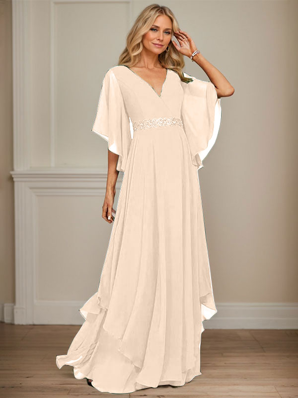 Vestido de gasa para madre de la novia, corte A, escote en V, largo hasta el suelo, con apliques de lentejuelas, encaje y abalorios