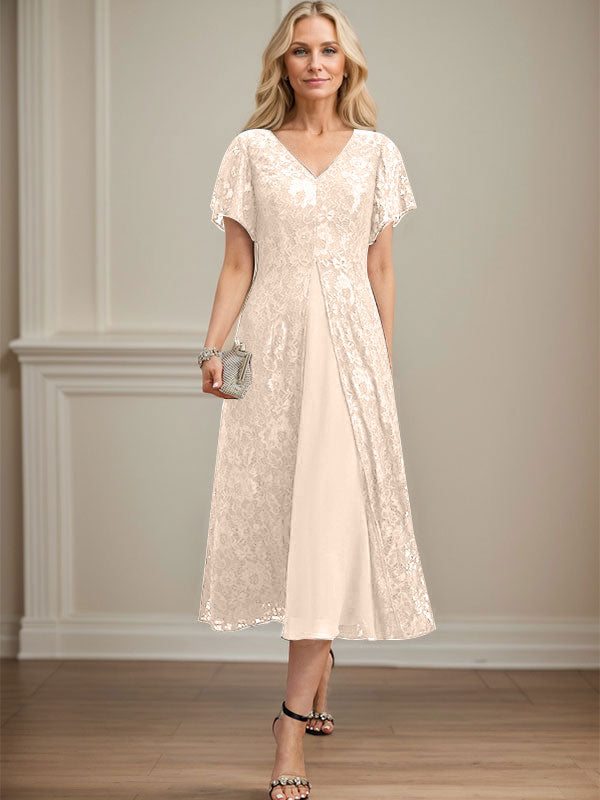 Vestido de gasa con encaje y escote en V para madre de la novia, largo hasta la rodilla
