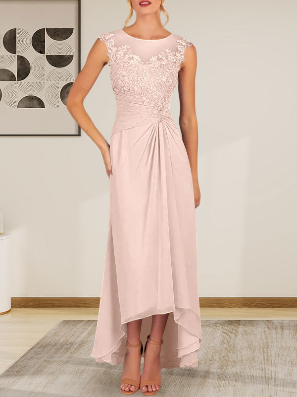 Vestido de gasa con encaje y escote redondo en forma de A color champán