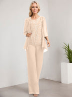 Vestido de madre de la novia de gasa con encaje, largo hasta el suelo, con lentejuelas y mono/pantalón separado