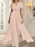 Vestido de noche de gasa con escote en V y largo hasta el suelo, tipo mono/pantalón