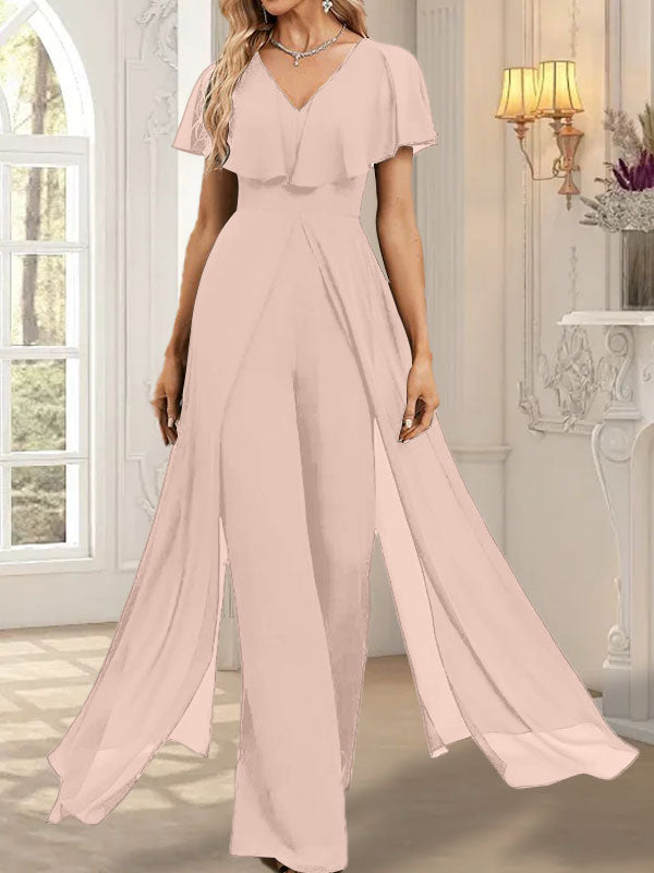 Vestido de noche de gasa con escote en V y largo hasta el suelo, tipo mono/pantalón