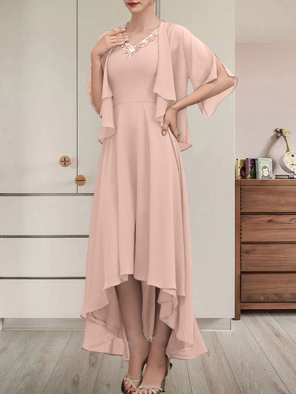A-Linien-Kleid mit V-Ausschnitt, asymmetrischem Chiffon für die Brautmutter mit Perlen und Pailletten