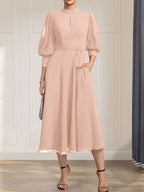 A-line High Neck Tea-Length Lace Chiffon Mother of the Bride Dress With Bow