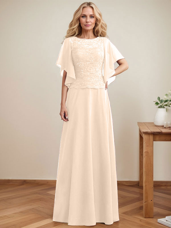 Vestido de gasa con encaje y lentejuelas para madre de la novia, corte A, escote ilusión, largo hasta el suelo