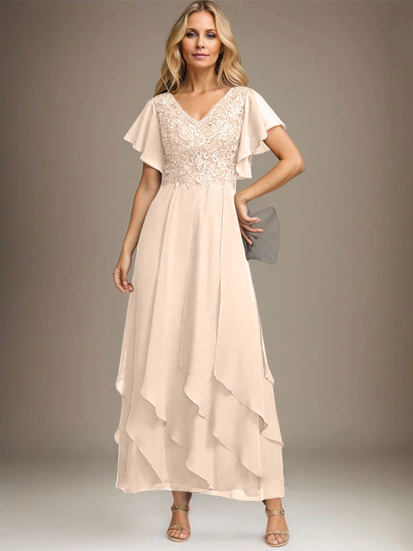 Vestido de gasa con encaje y escote en V hasta los tobillos para madre de la novia con volantes en cascada