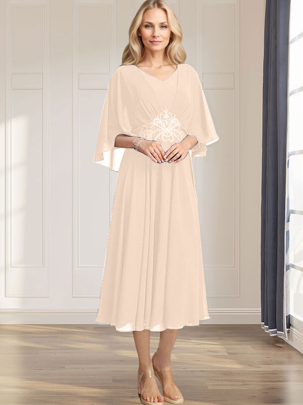 A-Linie V-Ausschnitt Wadenlanges Chiffonkleid für die Brautmutter mit plissierten Paillettenapplikationen Spitzenbesatz 