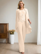 Vestido de madre de la novia de gasa con encaje, escote redondo y lentejuelas y mono/pantalón separado