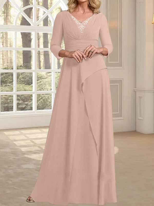 Vestido de gasa para madre de la novia con escote en V, largo hasta el suelo, con pliegues y cuentas