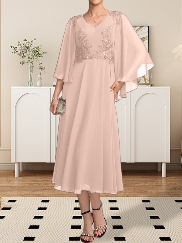 A-Linie V-Ausschnitt Wadenlanges Chiffon-Spitzenkleid für die Brautmutter mit Perlen und Pailletten