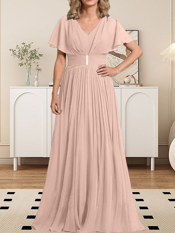 Vestido de gasa para madre de la novia, corte A, escote en V, largo hasta el suelo, con broche de cristal y plisado