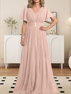 Vestido de gasa para madre de la novia, corte A, escote en V, largo hasta el suelo, con broche de cristal y plisado