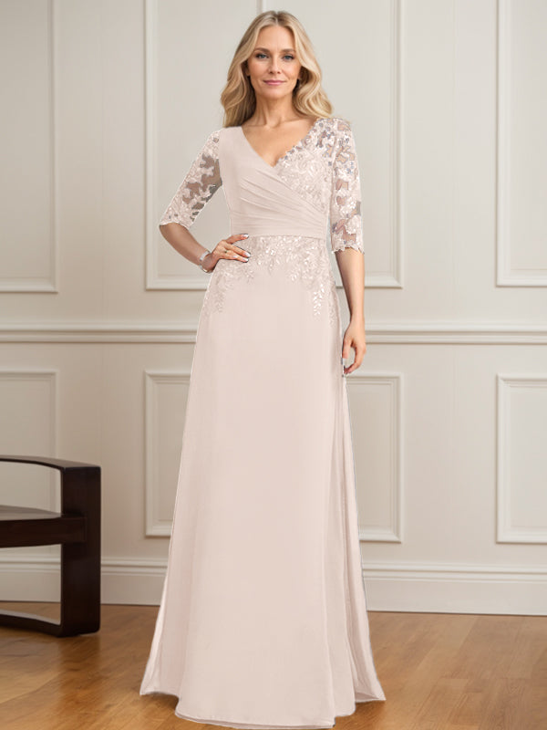 Vestido de madre de la novia de gasa con encaje, escote en V y lentejuelas plisadas hasta el suelo