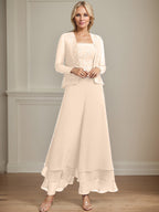 Vestido de madre de la novia de gasa con encaje y lentejuelas, largo hasta los tobillos, con mono/pantalón separado