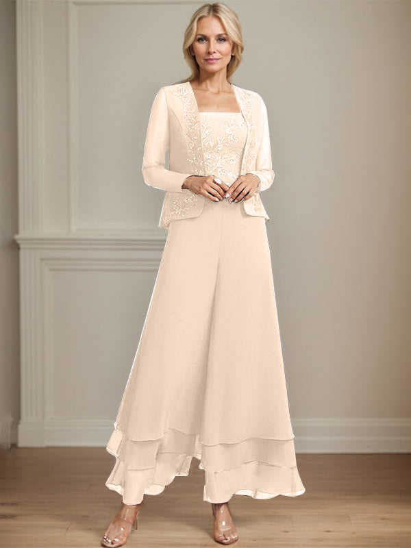 Vestido de madre de la novia de gasa con encaje y lentejuelas, largo hasta los tobillos, con mono/pantalón separado