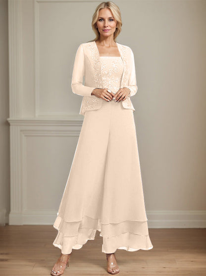 Separates Jumpsuit/Hosenanzug Quadratisches Knöchellanges Spitzenchiffonkleid für die Brautmutter mit Pailletten 