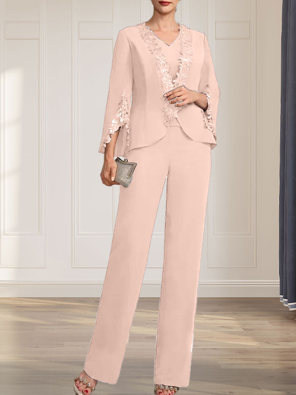 Vestido de gasa para madre de la novia, con escote en V y largo hasta el suelo, de mono/pantalón separado