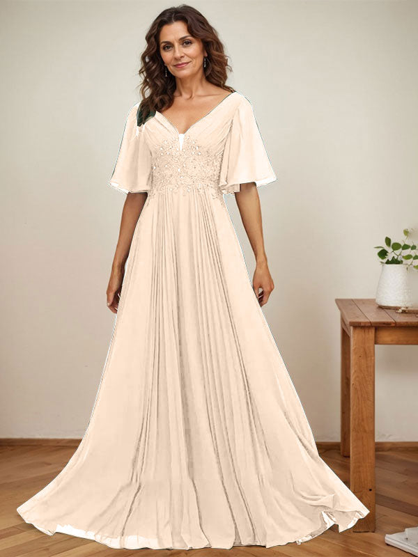 Vestido de gasa para madre de la novia, corte A, escote en V, largo hasta el suelo, con apliques de lentejuelas y encaje plisado