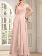 Vestido de madre de la novia de gasa con encaje, corte en A, escote corazón, largo hasta el suelo, con volantes en cascada y cuentas