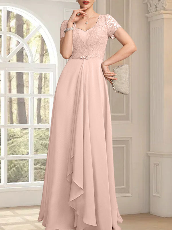 Vestido de madre de la novia de gasa con encaje, corte en A, escote corazón, largo hasta el suelo, con volantes en cascada y cuentas