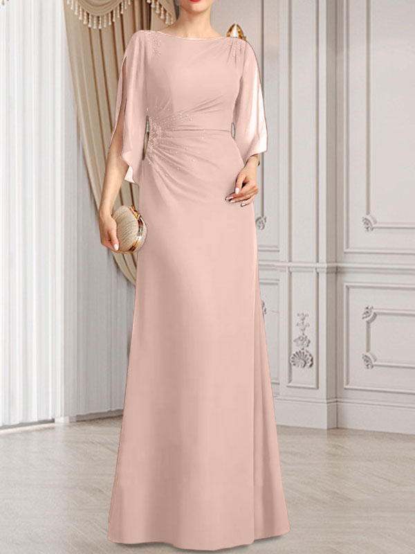 Vestido de gasa para madre de la novia con corte tubo/columna, escote redondo y largo hasta el suelo, con cuentas plisadas