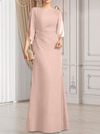 Vestido de gasa para madre de la novia con corte tubo/columna, escote redondo y largo hasta el suelo, con cuentas plisadas